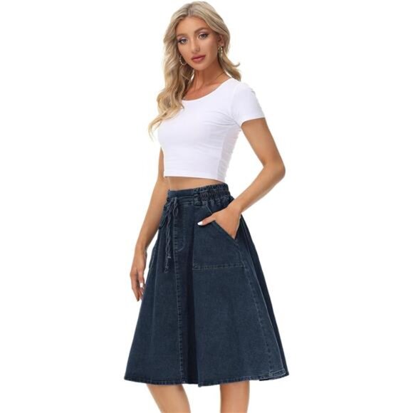 Women Denim Skirts Frill Tie Waist A-Line Dark Blue - Picture 3 of 5